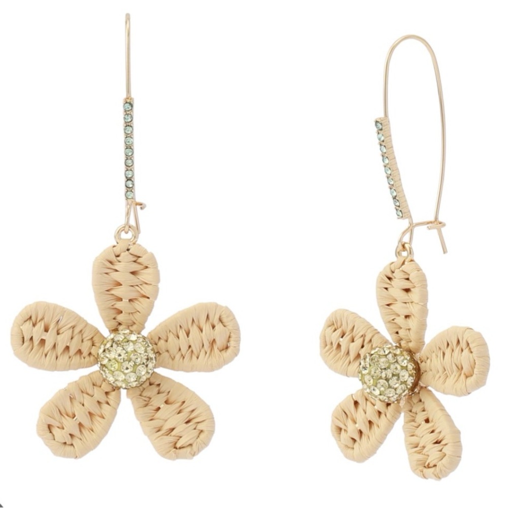 New Betsey Johnson Spring Chick Raffia Daisy Dangle Earrings - Picture 5 of 7
